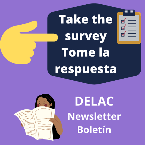 image: purple background with finger that points to take the survey in english and spanish